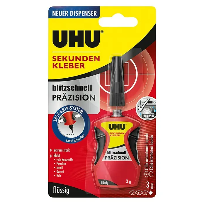 UHU Blitzschnell Sekundenkleber - 3 g, Flüssig, Sonstiges - UHU Sekundenkleber Präzision im roten Blisterpack. Der flüssige Superkleber für schnelle und präzise Verklebungen verschiedener Materialien.