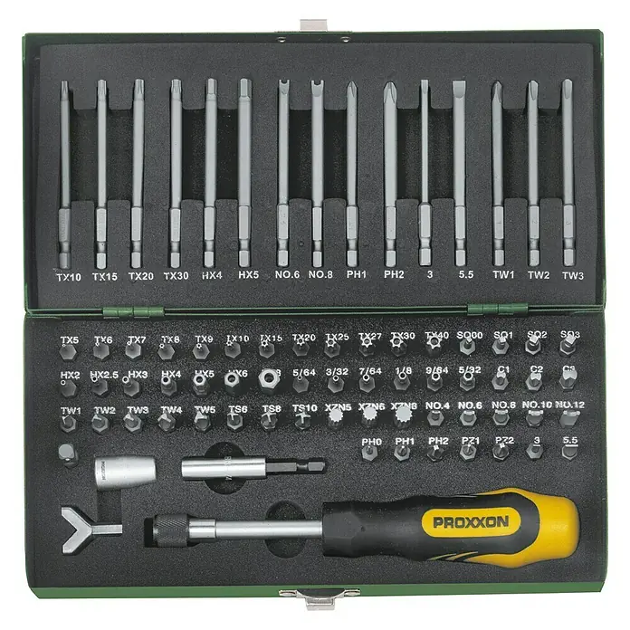 Proxxon Bit-Set - 75 -tlg. - Ein grüner Werkzeugkasten von Proxxon, der eine Vielzahl von Schraubendreher-Bits und einen Griff für präzise Arbeiten enthält.