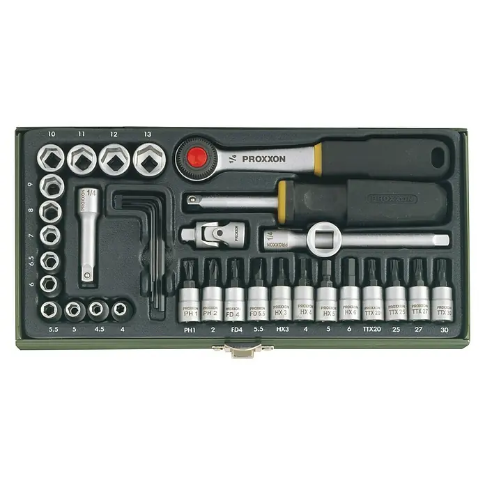 Proxxon Industrial Steckschlüssel-Set - 36 -tlg., Antriebsgröße: ¼″ - Proxxon Werkzeugkoffer mit verschiedenen Steckschlüsseln, Schraubendrehereinsätzen und Zubehör für präzise Arbeiten.