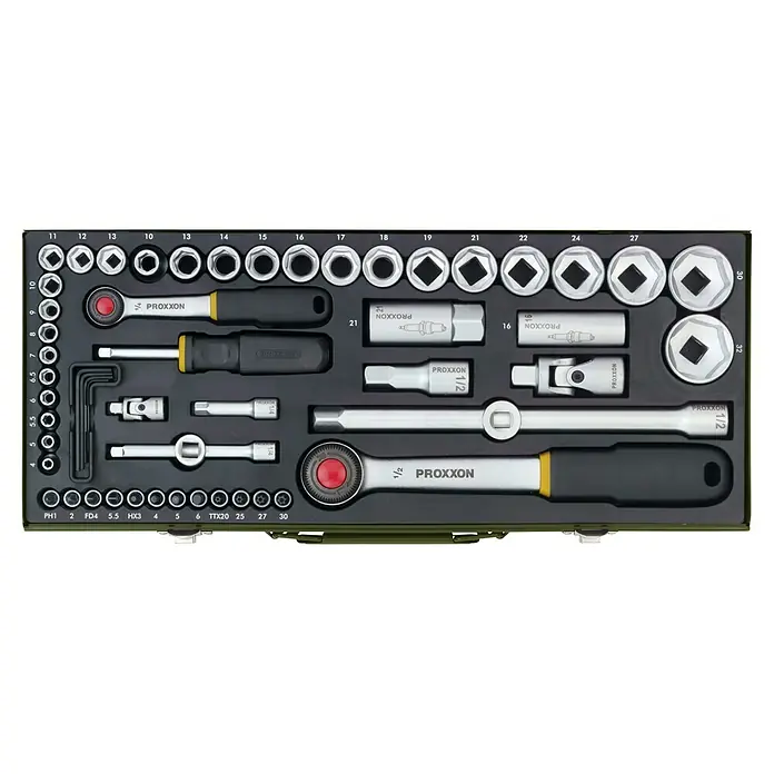 Proxxon Industrial Steckschlüssel-Set - 56 -tlg., Antriebsgröße: ½″ - Werkzeugkasten von Proxxon mit diversen Steckschlüsseln, Schraubendrehern und Zubehör für vielfältige Reparaturarbeiten.