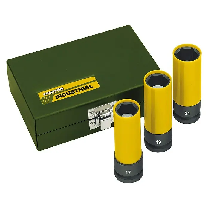 Proxxon Steckschlüsseleinsatz-Set Impact - ½″, 3 -tlg. - Proxxon Industrial Steckschlüsseleinsatz-Satz mit Größen 17, 19 und 21, ordentlich verstaut in einem olivgrünen Metallkasten.