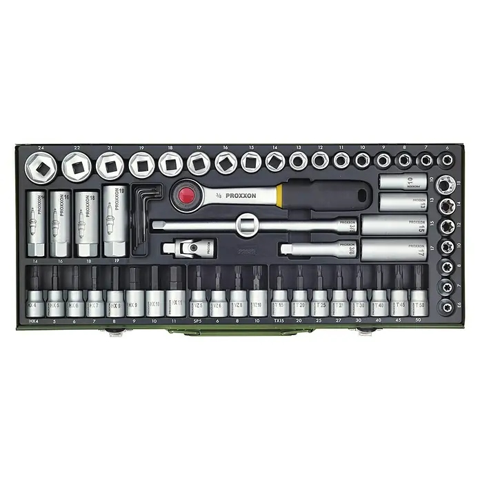 Proxxon Industrial Steckschlüssel-Set - 65 -tlg., Antriebsgröße: ⅜″ Vierkant - Ein Proxxon Werkzeugkoffer gefüllt mit verschiedenen Steckschlüsseleinsätzen, Bits und Zubehör für vielfältige Schraubarbeiten.