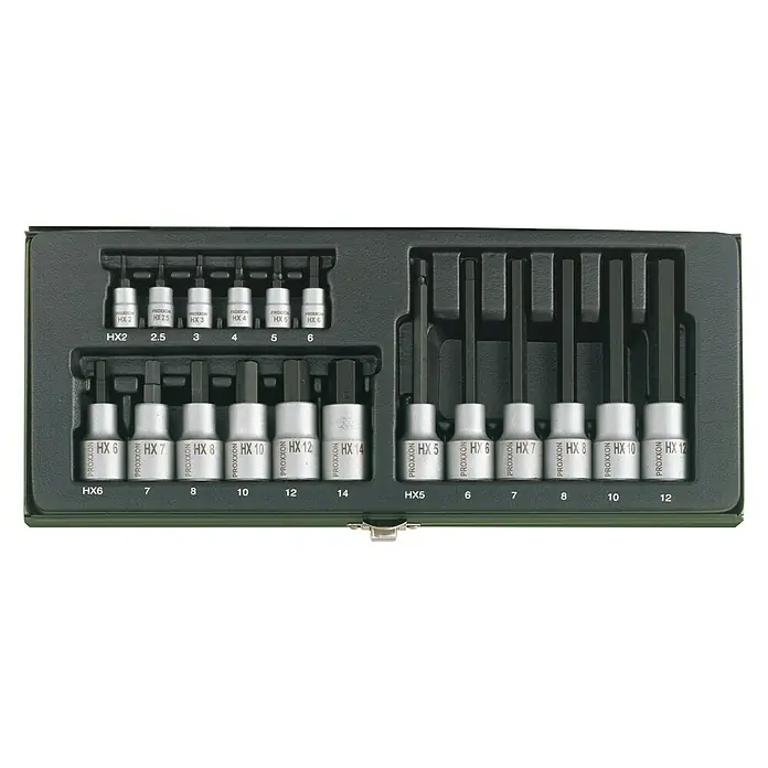 Proxxon Industrial Steckschlüssel-Bit-Satz Hex - 18 -tlg., Antriebsgröße: ½″ - Proxxon Steckschlüssel-Satz mit verschiedenen Größen, übersichtlich in einem grünen Kasten angeordnet für Werkstattarbeiten.