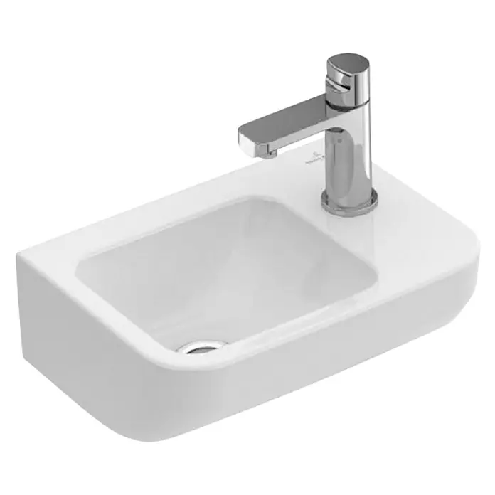 Villeroy & Boch Architectura Waschbecken - 36 x 26 cm, Mit schmutzabweisender Glasur, Hahnloch: Rechts, Ohne Überlauf, Weiß - Ein elegantes Waschbecken mit glänzendem Wasserhahn, ideal für moderne Badezimmer. Das Design ist minimalistisch und funktional.