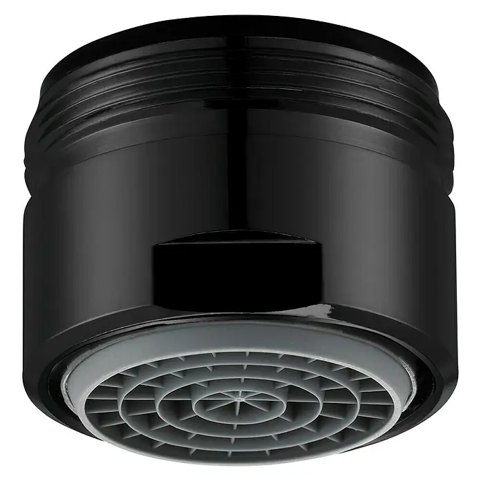Neoperl Cascade SLC Wassersparstrahlregler - M28, 1 Stk., 27 l/min - 30 l/min - Nahaufnahme eines glänzenden, schwarzen Wasserhahnbelüfters mit einem grauen, kreisförmigen Gitter, das für einen gleichmäßigen Wasserfluss sorgt.