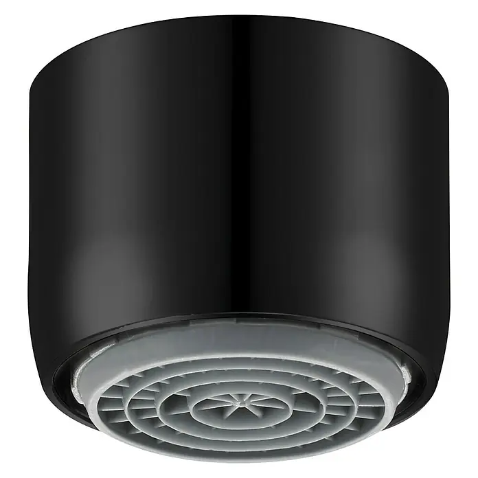 Neoperl Cascade SLC Wassersparstrahlregler - M 22, 1 Stk., 5 l/min, Schwarz - Nahaufnahme eines mattschwarzen Wasserhahnaufsatzes mit einem grauen, spiralförmigen Belüfter, der für einen gleichmäßigen Wasserfluss sorgt.