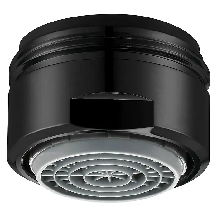 Neoperl Cascade SLC Wassersparstrahlregler - M24, 1 Stk., 9 l/min, Schwarz - Nahaufnahme eines schwarzen Wasserhahnaufsatzes mit grauem Sieb. Modernes Design für Bad und Küche, für einen gleichmäßigen Wasserfluss.