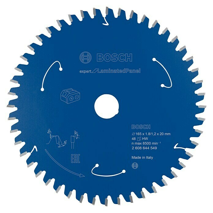 Bosch Kreissägeblatt Expert for Laminated PanelDurchmesser: 165 mm, Bohrung: 20 mm, 48 Zähne Front View