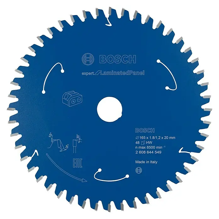 Bosch Kreissägeblatt Expert for Laminated Panel - 165 mm, Bohrung: 20 mm, Anzahl Zähne: 48 Stk. - Nahaufnahme eines Bosch Kreissägeblatts Expert LaminatedPanel, ideal zum Bearbeiten von Laminatplatten mit präzisen Schnitten.