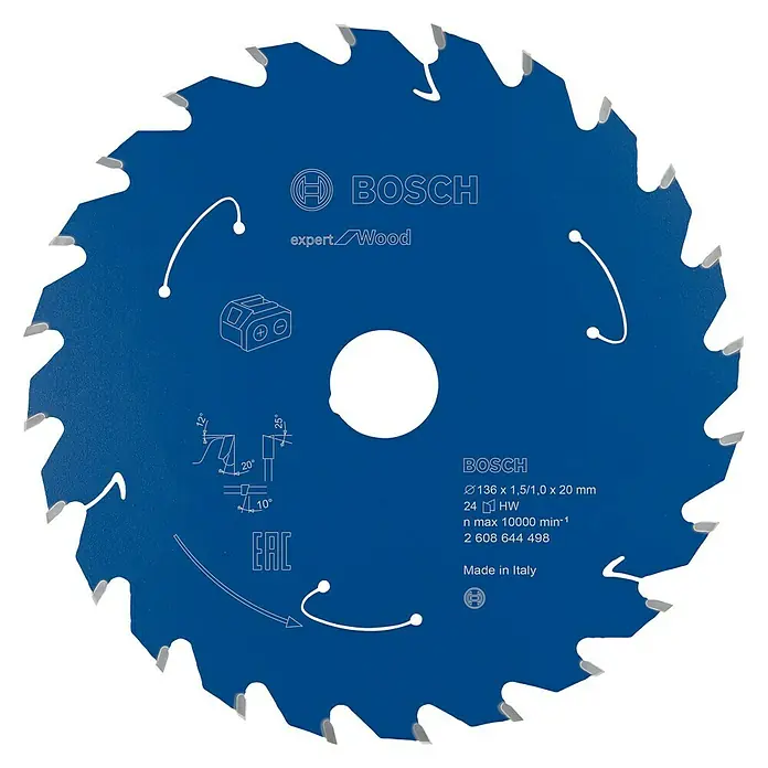 Bosch Kreissägeblatt Expert for Wood - 136 mm, Bohrung: 20 mm, Anzahl Zähne: 24 Stk. - Nahaufnahme eines blauen Bosch Kreissägeblatts Expert Wood mit technischen Details und Logos.