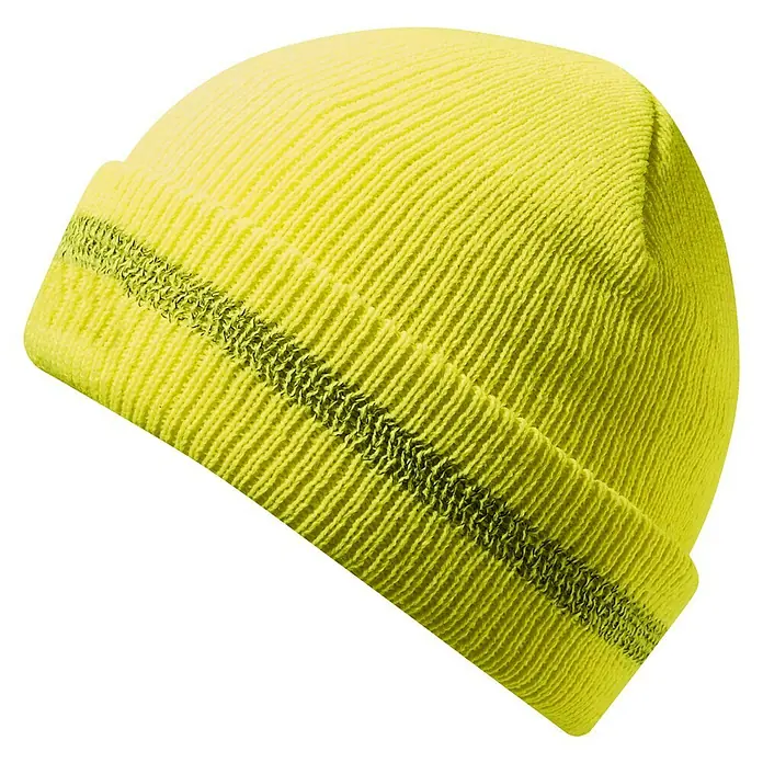 Scheibler Mütze Thinuslate - Neongelb, Reflektor - Gelbe Strickmütze mit gerippter Textur und umgeschlagenem Rand, ideal für Wärme und Komfort bei kaltem Wetter.