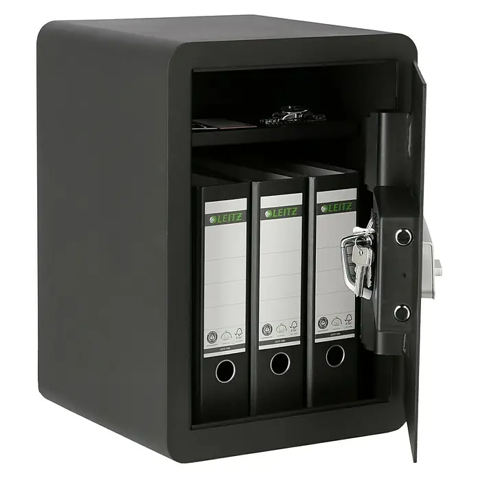 Stabilit Möbeltresor Security Box BE-3 - Elektronisches Zahlenschloss, 35 x 35 x 50 cm - Ein Tresor mit geöffneter Tür, darin drei Leitz Ordner und ein Fach mit Gegenständen.