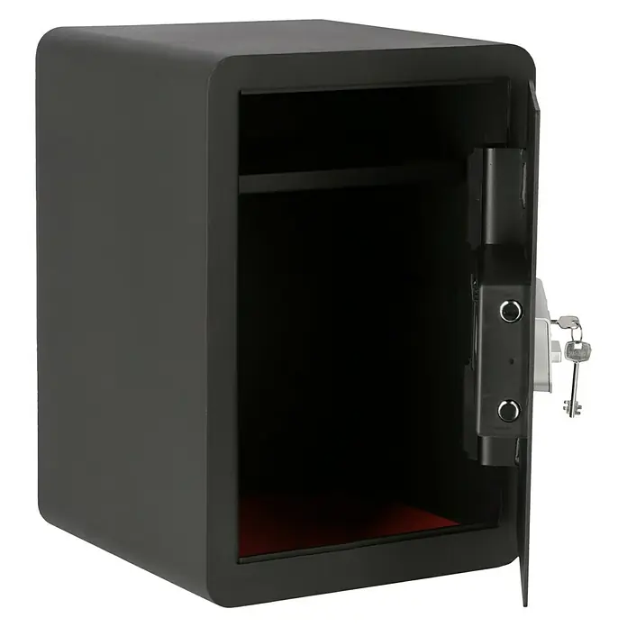 Stabilit Möbeltresor Security Box BE-3 - Elektronisches Zahlenschloss, 35 x 35 x 50 cm - Ein offener, schwarzer Tresor mit Schlüsseln, der zum Aufbewahren von Wertsachen verwendet werden kann. Sicher und zuverlässig.