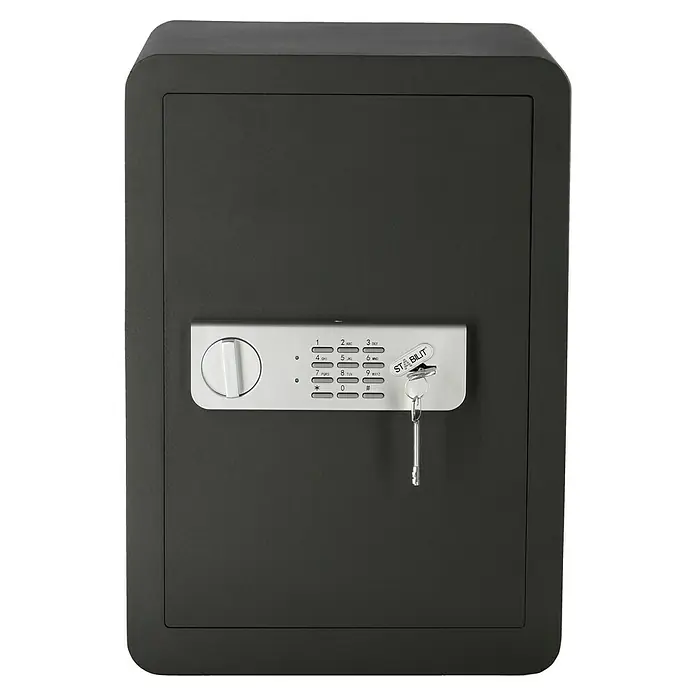 Stabilit Möbeltresor Security Box BE-3 - Elektronisches Zahlenschloss, 35 x 35 x 50 cm - Bild eines Stabilit Tresors mit elektronischem Zahlenschloss und Schlüssel, robust und sicher für Wertgegenstände.