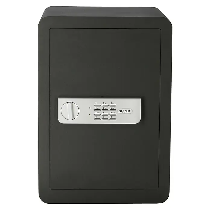 Stabilit Caja fuerte Security-Box BE-3 - L x An x Al: 35 x 35 x 50 cm, Cerradura de combinación electrónica - Esta imagen muestra una caja fuerte Stabilit, con un teclado electrónico y un botón giratorio para abrir. La caja es de color gris oscuro con esquinas redondeadas.