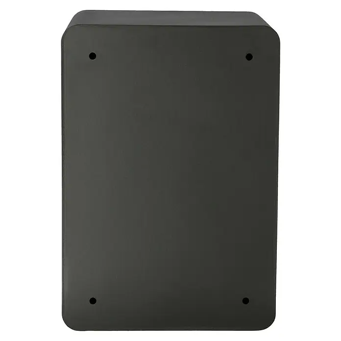 Stabilit Caja fuerte Security-Box BE-3 - L x An x Al: 35 x 35 x 50 cm, Cerradura de combinación electrónica - Primer plano del frente de un buzón negro con cuatro orificios en las esquinas para montaje. Su diseño simple enfatiza la funcionalidad.