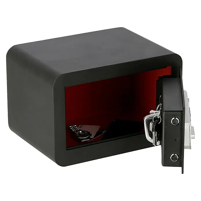 Stabilit Möbeltresor Security-Box LED - L x B x H: 35 x 25 x 23 cm, Elektronisches Zahlenschloss, Schwarz - Schwarzer Safe mit rotem Innenraum, geöffnet mit Inhalt. Der Safe ist kompakt und würfelförmig mit abgerundeten Ecken.