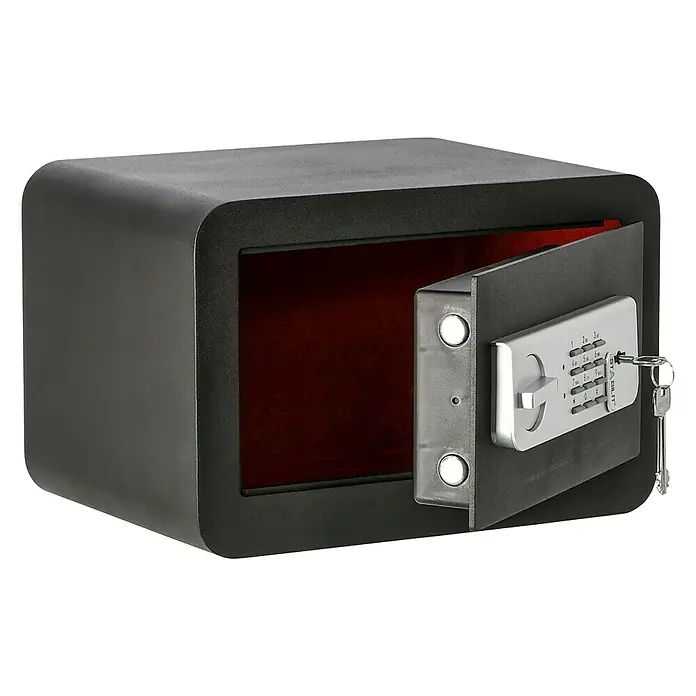 Stabilit Möbeltresor Security-Box LED - L x B x H: 35 x 25 x 23 cm, Elektronisches Zahlenschloss, Schwarz - Ein offener, digitaler Safe in Schwarz mit einem roten Innenraum und einem Schlüsselanhänger.
