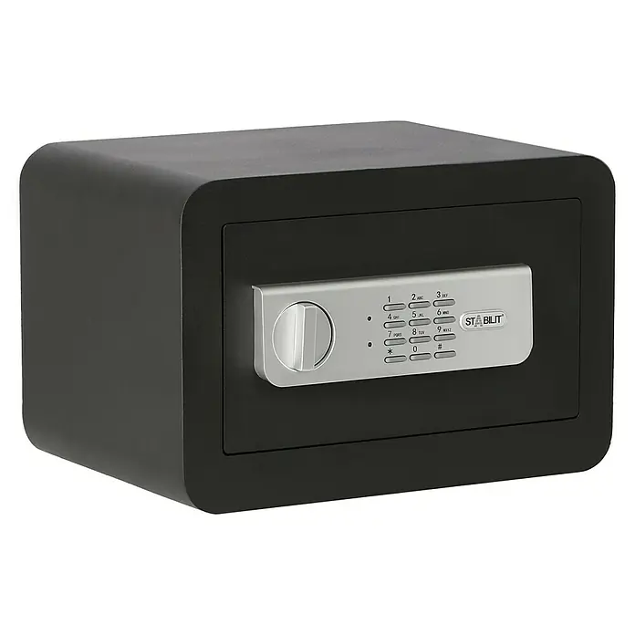 Stabilit Möbeltresor Security-Box LED - L x B x H: 35 x 25 x 23 cm, Elektronisches Zahlenschloss, Schwarz - Bild eines schwarzen Stabilit Tresors mit digitalem Zahlenschloss und Drehgriff.