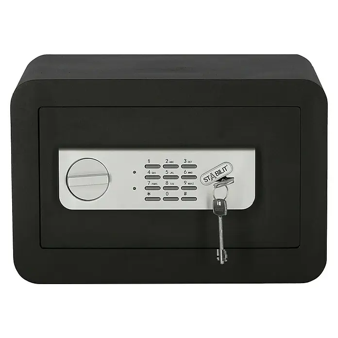 Stabilit Möbeltresor Security-Box LED - L x B x H: 35 x 25 x 23 cm, Elektronisches Zahlenschloss, Schwarz - Bild eines schwarzen Safes mit digitalem Zahlenschloss und Schlüssel. Der Tresor bietet Sicherheit für Wertsachen.
