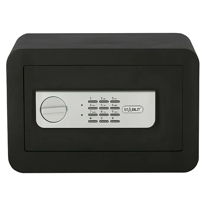 Stabilit Möbeltresor Security-Box LED - L x B x H: 35 x 25 x 23 cm, Elektronisches Zahlenschloss, Schwarz - Ein schwarzer Tresor der Marke Stabilit mit einem elektronischen Zahlenschloss und einem Drehknopf zum Öffnen.