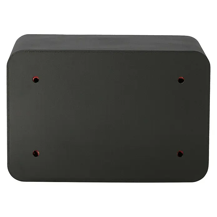 Stabilit Möbeltresor Security-Box LED - L x B x H: 35 x 25 x 23 cm, Elektronisches Zahlenschloss, Schwarz - Nahaufnahme einer schwarzen Lautsprecherbox mit abgerundeten Kanten und vier roten Löchern auf der Vorderseite.