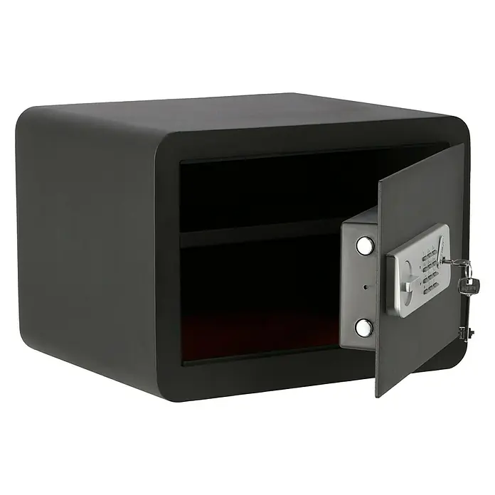 Stabilit Möbeltresor Security Box BE-2 - Elektronisches Zahlenschloss, 42 x 35 x 30 cm - Ein grauer Safe mit einer geöffneten Tür, der einen Blick auf das Innere und das Zahlenschloss mit Schlüsseln freigibt.