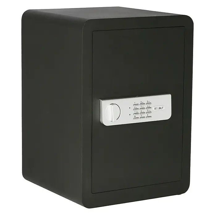 Stabilit Möbeltresor Security Box BE-3 - Elektronisches Zahlenschloss, 35 x 35 x 50 cm - Bild eines schwarzen Safes der Marke Stabilit, der Sicherheit und Schutz für Wertsachen bietet. Ideal für Zuhause oder das Büro.