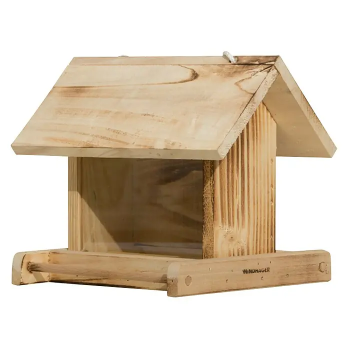 Windhager Vogelfutterhaus - L x B x H: 22 x 19,5 x 20,5 cm, Natur, Geflammt, Holz - Ein hölzernes Vogelhaus mit einem geneigten Dach und einem durchsichtigen Behälter zur Futteraufbewahrung.