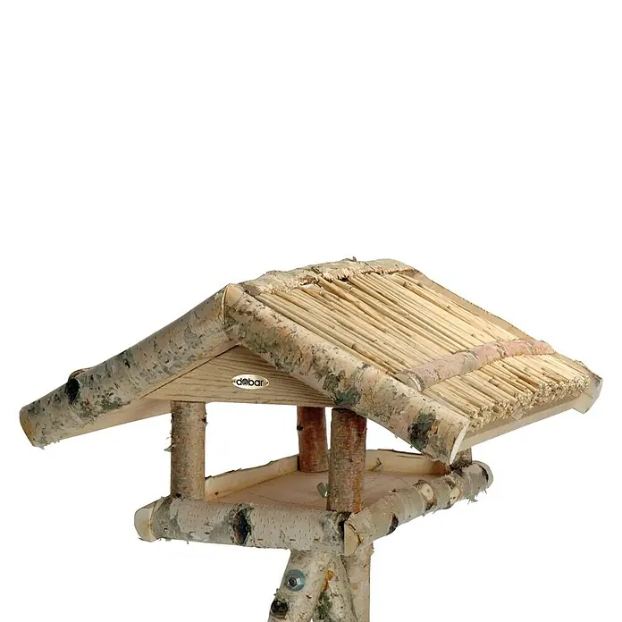 Dobar Vogelhaus - 46 x 48 x 128 cm, Holz, Natur/Weiß - Nahaufnahme eines rustikalen Vogelhauses aus Holz mit einem Strohdach, das auf einem schwarzen Hintergrund steht.