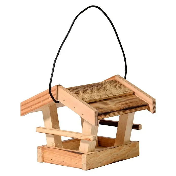 Dobar Vogelfutterhaus mit Brandmaserung - 19 x 18 x 16 cm, Hellbraun, Holz - Eine rustikale hölzerne Vogeltränke mit einem Seil zum Aufhängen, ideal für Naturliebhaber und Gartenfreunde.