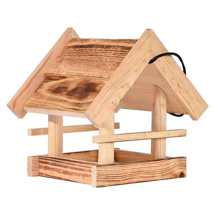 Dobar Vogelfutterhaus mit Brandmaserung - 22 x 20 x 22 cm, Hellbraun, Holz - Holz-Vogelhaus mit Satteldach und rustikaler Optik. Ideal für Garten oder Balkon, um Vögel anzulocken und zu füttern.