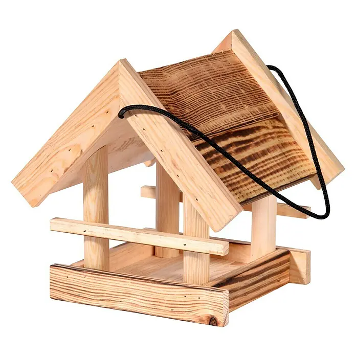 Dobar Vogelfutterhaus mit Brandmaserung - 22 x 20 x 22 cm, Hellbraun, Holz - Hölzernes Vogelhaus mit Satteldach und schwarzem Seil zum Aufhängen. Ideal für den Garten, um Vögel zu füttern und zu beobachten.