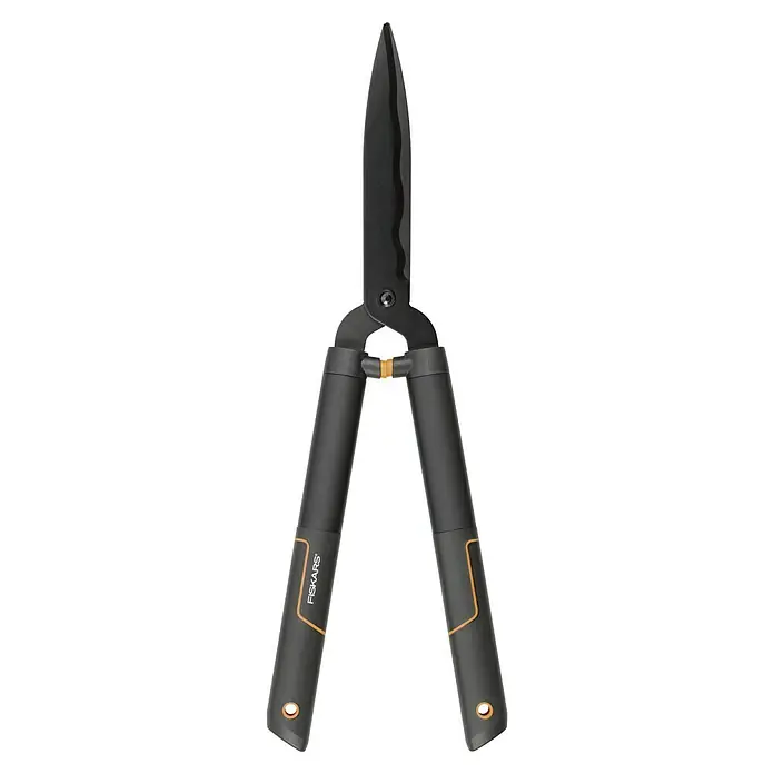Fiskars SingleStep Hand-Heckenschere HS22 - Länge: 58 cm, Schwarz, Orange - Eine schwarze Heckenschere von Fiskars. Sie hat ergonomische Griffe mit orangen Akzenten für einen komfortablen Halt beim Schneiden.