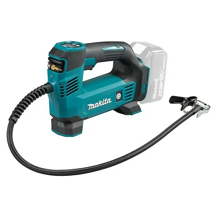 Makita LXT 18V Compresor de batería DMP180Z - 18 V, Sin batería, 8,3 bar - Inflador inalámbrico Makita 18V turquesa y negro con manguera y boquilla de aire, alimentado por batería Li-ion 5.0Ah.