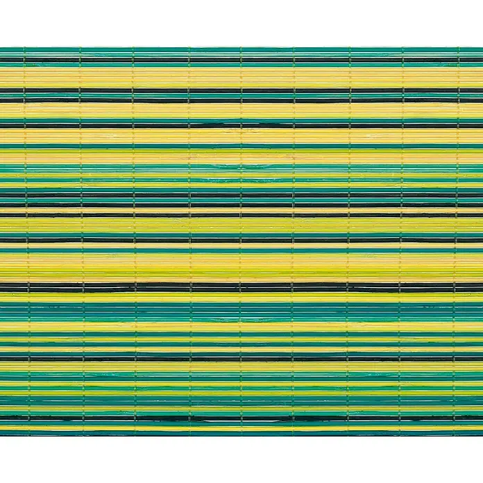 Estor enrollable Tutto Lima - An x Al: 90 x 175 cm, Verde manzana, Formas y patrones - Una colorida esterilla de bambú presenta rayas horizontales en tonos de amarillo, verde y negro, un toque decorativo.