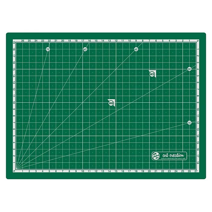 Talens Art Creation Tabla de cortar antideslizante - Verde, 30 x 22 cm - Una esterilla de corte verde con líneas de cuadrícula y marcas de ángulo para un corte preciso.