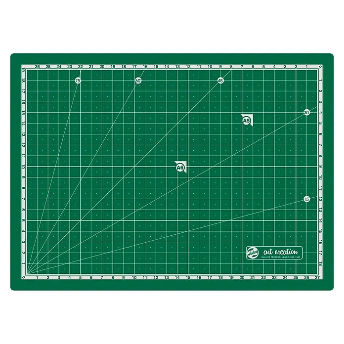 Talens Art Creation Tabla de cortar antideslizante - Verde, 30 x 22 cm - Una esterilla de corte verde con líneas de cuadrícula y marcas de ángulo para un corte preciso.