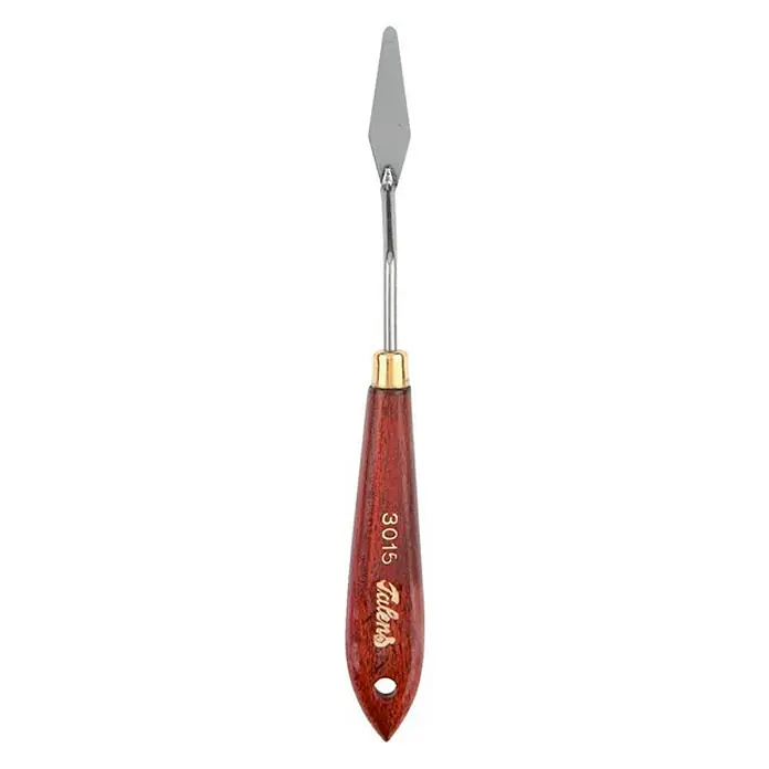 Talens Espátula para pintar 3015 - Tamaño: N° 3015 - Una vista detallada de una espátula de pintura Talens, modelo 3015, con una hoja plateada y un mango de madera marrón, diseñada para aplicaciones artísticas.