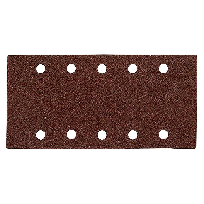 Makita Set de hojas de lija K120 - An x L: 100 x 240 mm, Grano: 120 mm, 10 ud. - Papel de lija con agujeros para herramientas eléctricas. La hoja de papel de lija es marrón y rectangular con un grano uniforme.
