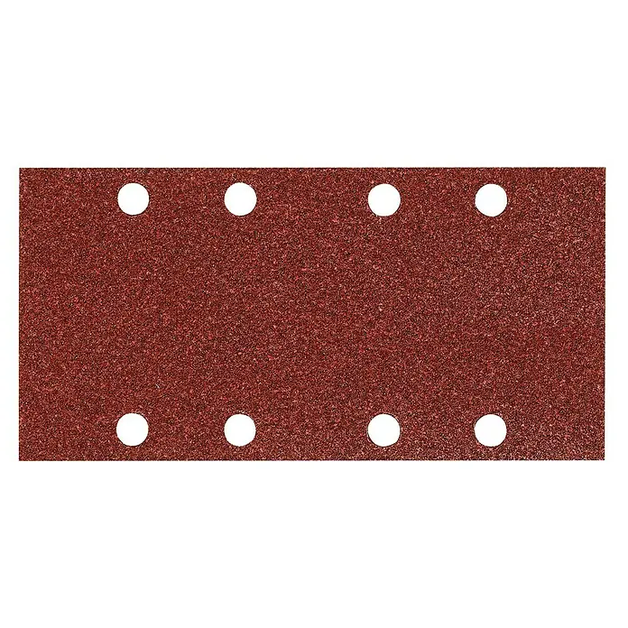 Makita Set de hojas de lija P-36011 - An x L: 93 x 230 mm, Grano: 120 mm, 10 ud. - Primer plano de una hoja de lija con agujeros, ideal para proyectos de carpintería y bricolaje. La textura roja sugiere un grano medio.