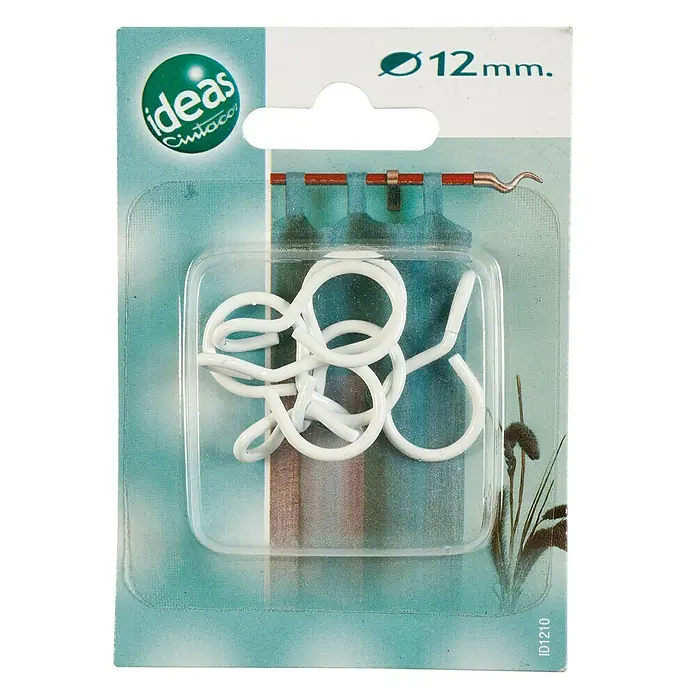 Anilla para cortinas Gancho Ideas 12 - Blanco, 6 ud. - Paquete de ganchos para cortinas blancos de 12 mm de Ideas Cintasol, ideales para colgar cortinas ligeras.