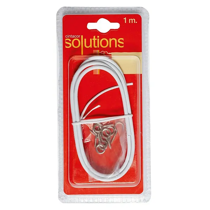Cable plastificado Portavisillos - Blanco, Largo: 1 m - Primer plano de un envase de Cintacor Solutions con un cordón blanco y pequeños tornillos, contenidos en un embalaje de plástico transparente.