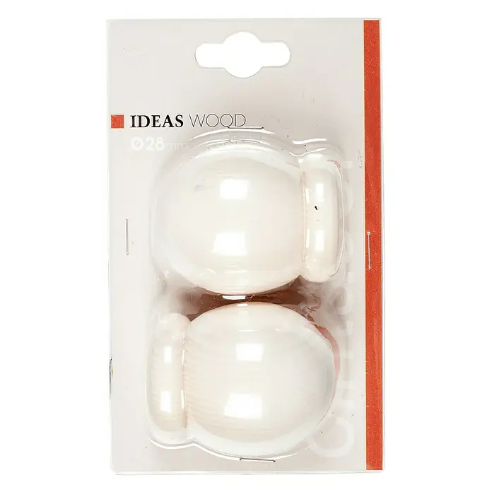 Tapa final Ideas wood esfera yeso - 2 ud. - Paquete de dos pomos de muebles de madera esféricos blancos de Ideas Wood, de 28 mm de diámetro, en un embalaje de plástico transparente.