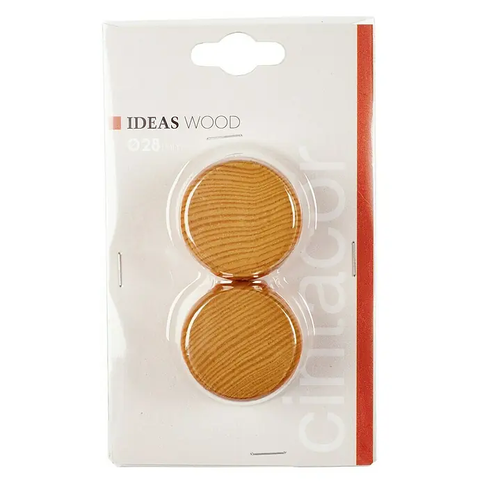 Tapones terminales Ideas Wood - Haya, 2 ud. - Foto de un paquete con dos adhesivos redondos de madera, de 28 mm de diámetro, ideales para proyectos de artesanía.