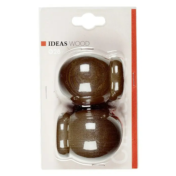 Tapa final Ideas wood esfera nogal - 2 ud. - Primer plano de un paquete de dos terminales de barra de cortina de madera en forma de bola, empaquetados en un recipiente de plástico transparente.