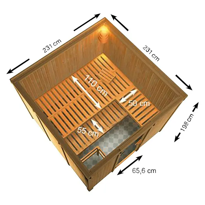 Karibu Elementsauna Arvika - Mit 9 kW Bio-Ofen mit externer Steuerung, L x B x H: 231 x 231 x 198 cm - Ansicht einer Sauna mit ihren Abmessungen zur besseren Vorstellung ihrer Raumnutzung und Installation im Haus.