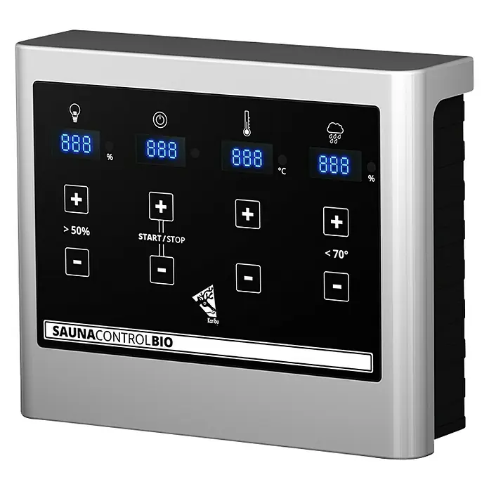 Karibu Elementsauna Arvika - Mit 9 kW Bio-Ofen mit externer Steuerung, L x B x H: 231 x 231 x 198 cm - Sauna-Steuergerät mit digitaler Anzeige für Temperatur und Feuchtigkeit. Komfortable Bedienung für ein entspannendes Saunaerlebnis.
