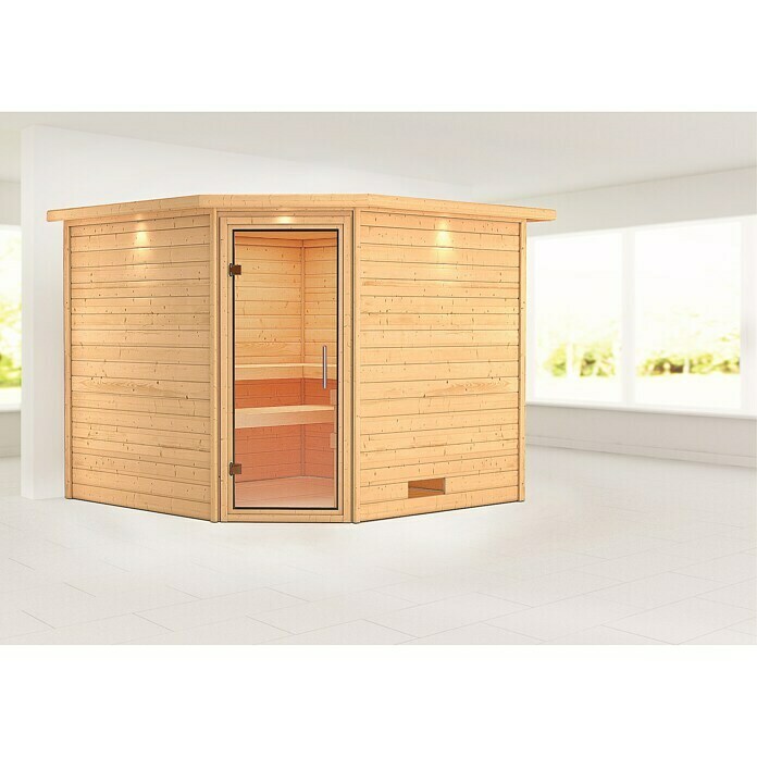 Karibu Massivholzsauna Leona (Ohne Ofen, L x B x H: 245 x 259 x 202 cm, Materialspezifizierung Tür: Ganzglas Klar, Mit Dachkranz und Beleuchtung)