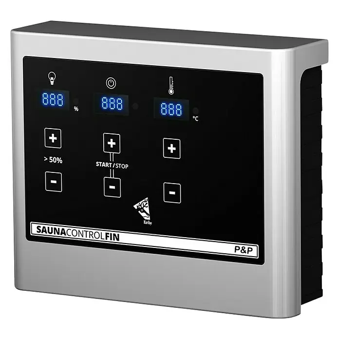 Karibu Massivholzsauna Sandra - L x B x H: 145 x 145 x 187 cm, Ohne Dachkranz, 3,6 kW Saunaofen mit multifunktionaler Steuerung - Nahaufnahme des Sauna Control Fin Bedienelements, das die Temperatur und andere Saunafunktionen steuert.